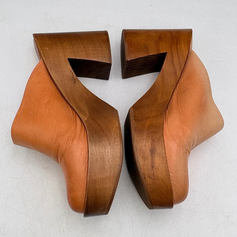 Free People Leather Platform Clog Mules Women 6.5 Tan Wood Block Heel EUR 36.5